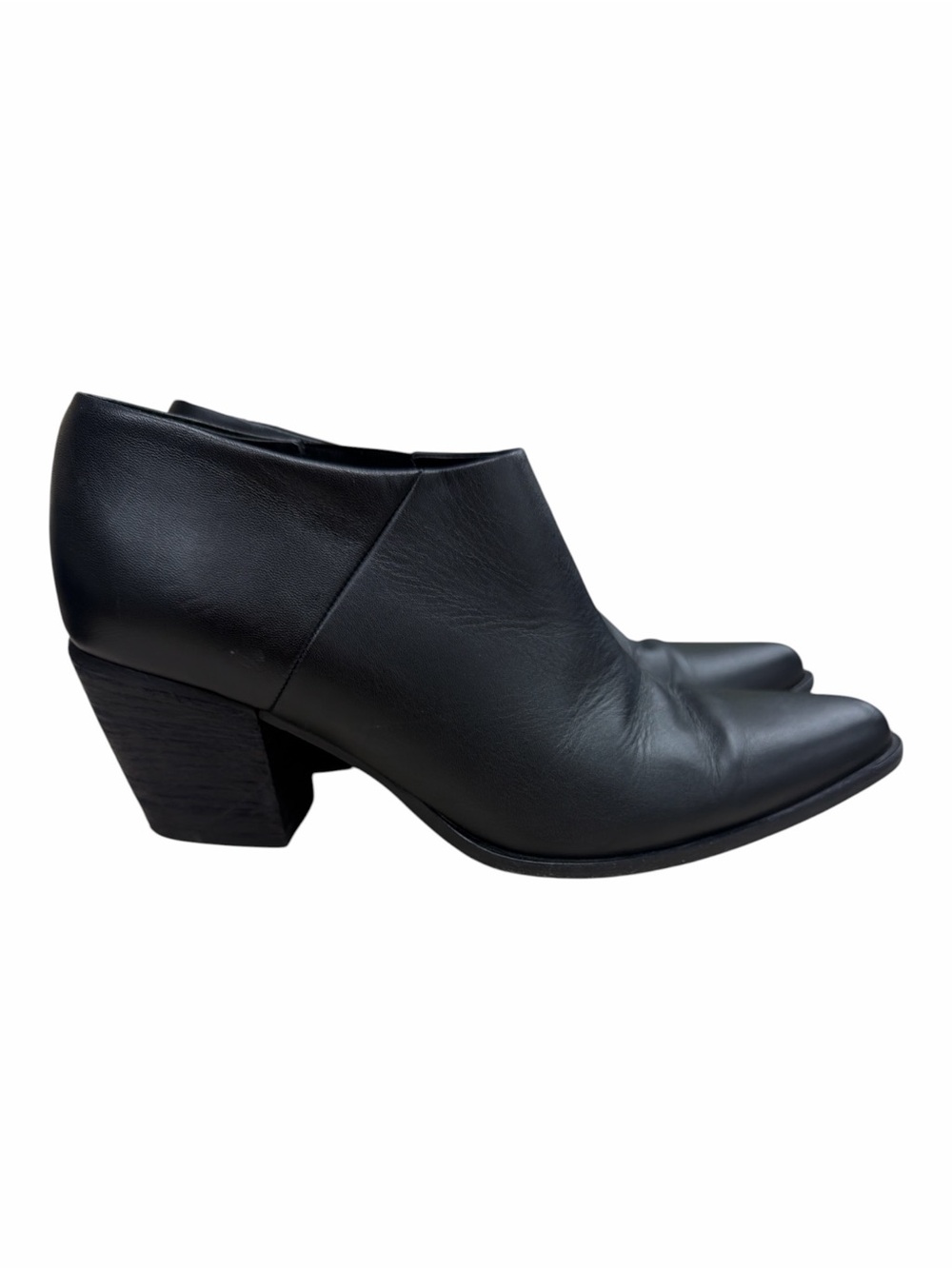Vince Hamilton Black Leather Pointed Toe Stacked Block Heel Ankle Booties